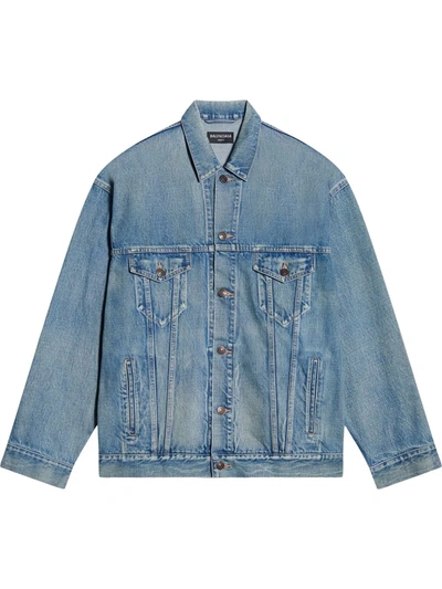 Shop Balenciaga Embroidered Logo Faded Denim Jacket In Blau