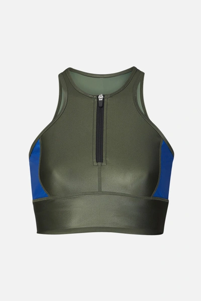 Shop All Access Zip Front Racer Bra In Olive/brisk Blue Shine