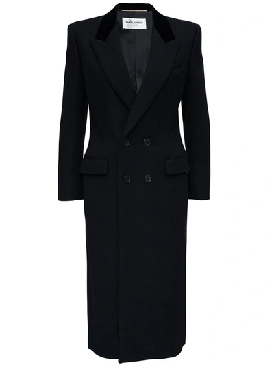 Shop Saint Laurent Double Breasted Long Coat In Black