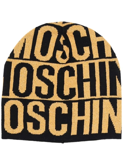 Shop Moschino All-over Logo Print Beanie In Gold