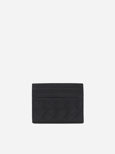 Shop Bottega Veneta Leather Card Holder With Woven Pattern In Black