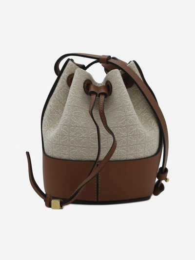 Shop Loewe Balloon Bag In Canvas With Leather Inserts And All-over Anagram Motif In Ecru/tan