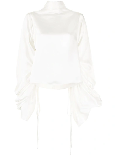 Shop Solace London Tala Ruched-sleeve Satin Blouse In Weiss