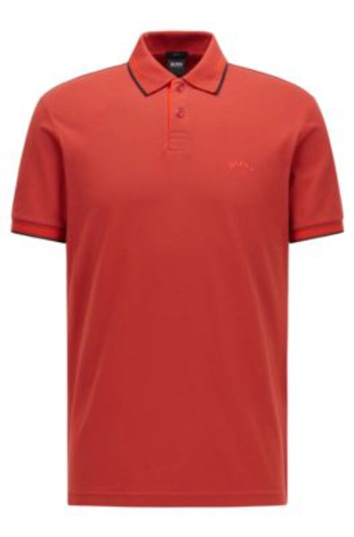 Shop Hugo Boss - Slim Fit Polo Shirt In Stretch Piqu With Curved Logo - Red