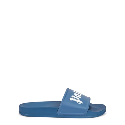 Shop Palm Angels Blue Logo Rubber Sliders