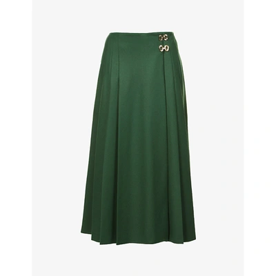 Shop Alberta Ferretti Womens Green High-waisted Pleated Wool-blend Maxi Skirt 12