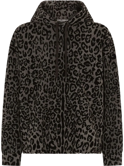 Shop Dolce & Gabbana Leopard Print Drawstring Hoodie In Schwarz