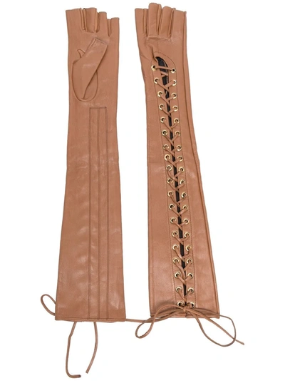 Shop Manokhi Long Lace-up Leather Gloves In Braun