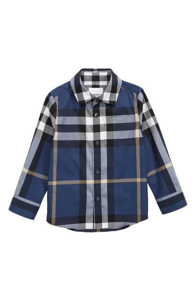 Shop Burberry Kids' Owen Check Long Sleeve Button-up Shirt In Pebble Blue Ip Chk