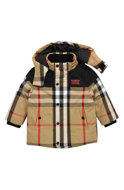 Shop Burberry Kids' Chrissy Check Down Jacket With Detachable Hood In Archive Beige Ip Chk