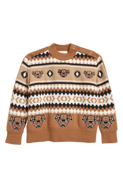 Shop Burberry Kids' Gerald Bear Fair Isle Sweater In Camel Ip Pattern