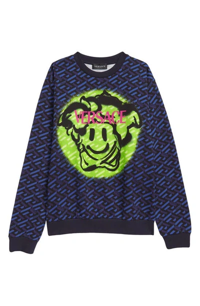 Shop Versace Kids' La Greca Monogram & Medusa Smiley Cotton Sweatshirt In 5u180 Blue Navy Black