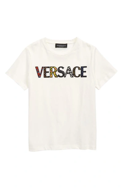 Shop Versace Kids' La Greca Embroidered Logo Cotton T-shirt In White Multi