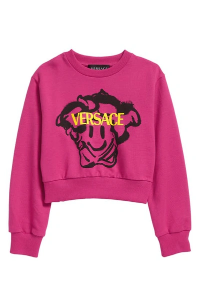 Shop Versace Kids' Medusa Smiley Cotton Graphic Sweatshirt In 6p260 Fuxia Black Yellow