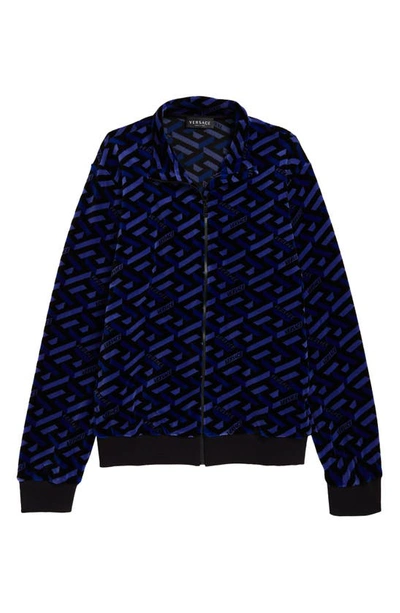 Shop Versace Kids' La Greca Monogram Cotton Chenille Track Jacket In Blue Navy Black