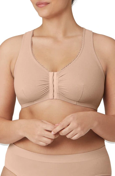 Shop Glamorise Front Close Cotton Blend T-back Comfort Bra In Cafe