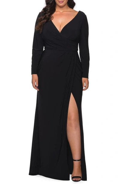 Shop La Femme Long Sleeve Faux Wrap Gown In Black