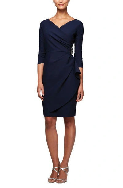 Shop Alex Evenings Embellished Ruched Sheath Cocktail Dress In Navy