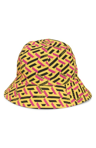Shop Versace 3d Greek Key Logo Bucket Hat In Yellow Black