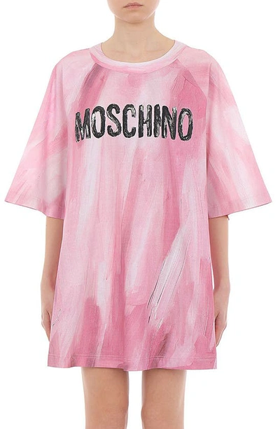 Shop Moschino Painted Logo Cotton T-shirt Dress In 3224 Fantasy Print Pink