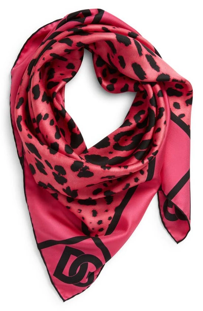 Shop Dolce & Gabbana Leopard Print Silk Scarf In Nero Fuxia