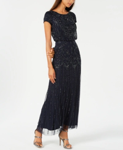 Shop Adrianna Papell Women's Beaded Short-sleeve Sheer-overlay Gown In Navy