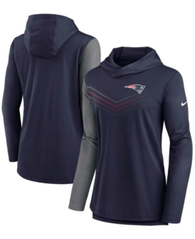 Nike Women's Navy, Heather Charcoal New England Patriots Chevron Hoodie Performance Long Sleeve T-shirt In Navy