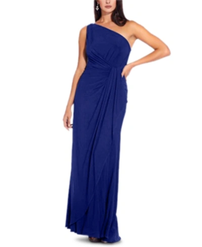 Shop Adrianna Papell One-shoulder Side-drape Cascade Matte Jersey Gown In Royal Saphire
