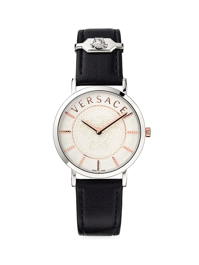 Shop Versace V-essential Stainless Steel Leather Strap Watch In Grey