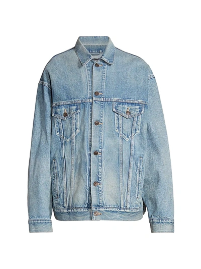 Shop Balenciaga Men's Embroidered Denim Jacket In Washed Light Blue