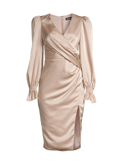 Satin Balloon Sleeve Wrap Midi Dress In Champagne-gold