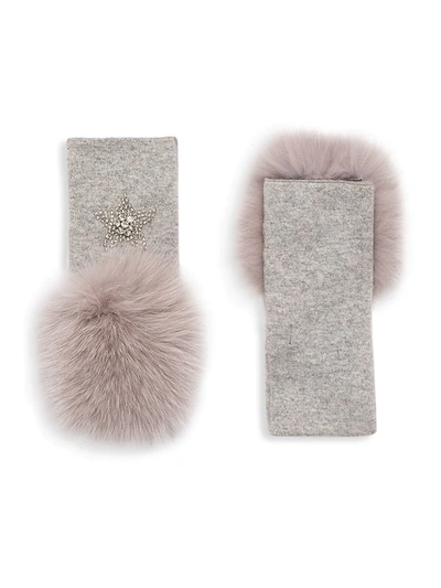 Shop Adrienne Landau Wool-blend & Fox Fur Crystal-embellished Star Fingerless Gloves In Grey