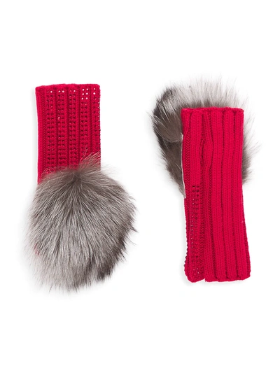 Shop Adrienne Landau Wool-blend & Fox Fur Crystal-embellished Fingerless Gloves In Red