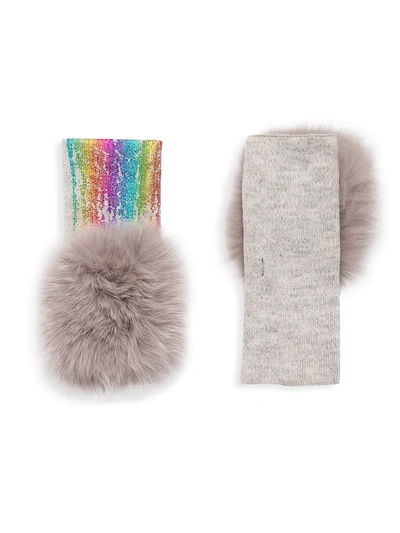 Shop Adrienne Landau Wool-blend & Fox Fur Metallic Fingerless Gloves In Grey