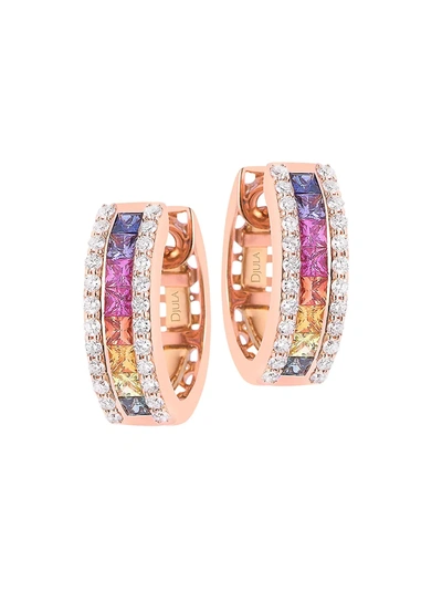 Shop Djula Women's 18k Rose Gold, Rainbow Sapphire & Diamond Mini Hoop Earrings In Pink Gold