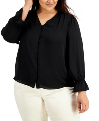 Shop Alfani Plus Size Solid Button-down Top, Created For Macy's In Deep Black