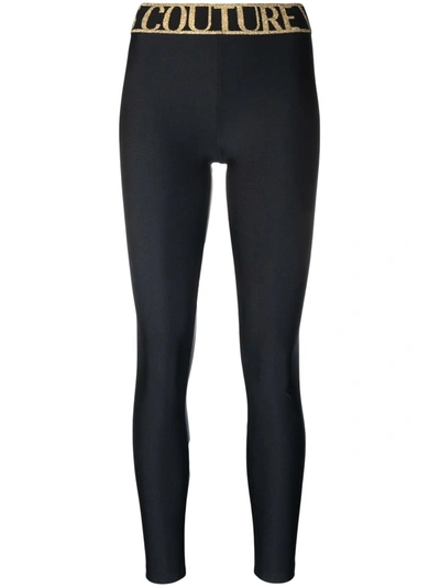 Shop Versace Jeans Couture Glitter-logo Stretch Leggings In Schwarz