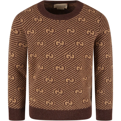 Shop Gucci Beige Sweater For Kids With Double Gg In Brown