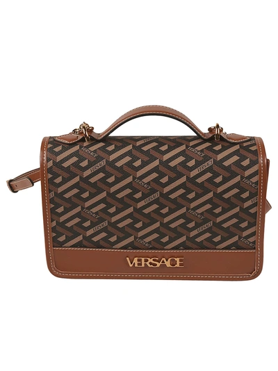 Shop Versace Monogram Eco Leather Shoulder Bag In Black/caramel