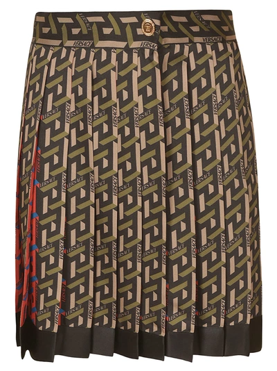 Shop Versace Monogram Print Skirt In Black/military Green