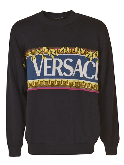 Shop Versace Logo Print Sweatshirt In Navy