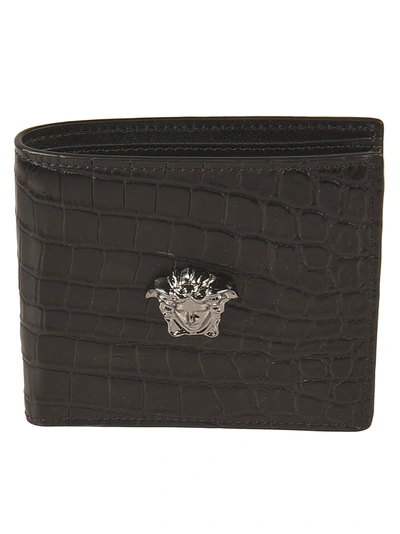 Shop Versace Croco Embossed Medusa Head Billfold Wallet In Black