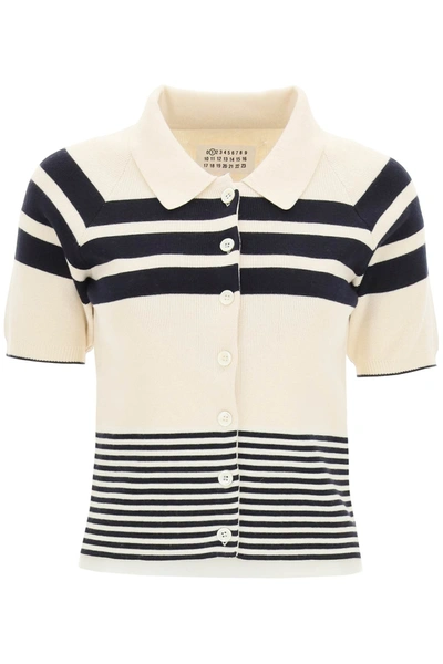 Shop Maison Margiela Striped Knit Polo Shirt In White,blue