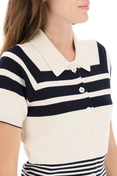 Shop Maison Margiela Striped Knit Polo Shirt In White,blue