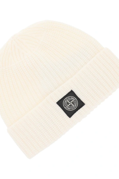 Shop Stone Island Ribbed Wool Beanie In White