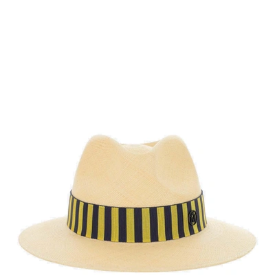 Shop Maison Michel Rico Striped Trim Hat In Beige