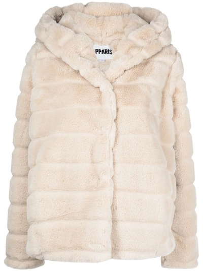 Apparis Goldie Hooded Faux Fur Short Coat In Nude