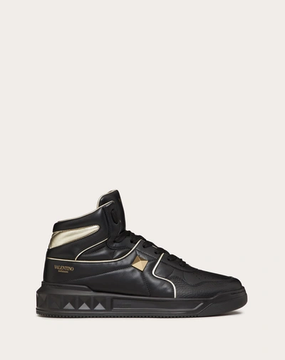 Shop Valentino Garavani Uomo One Stud Mid-top Sneaker In Nappa Leather In Black/platinum