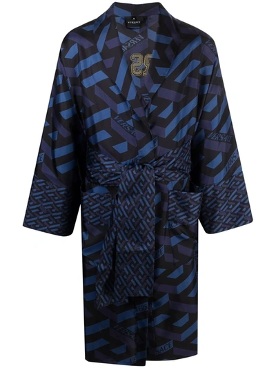 Shop Versace La Greca Monogram Silk Robe In Black