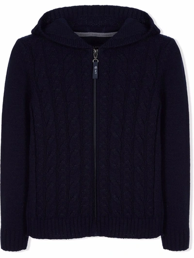Shop Lapin House Hooded Cable-knit Cardigan In Blue
